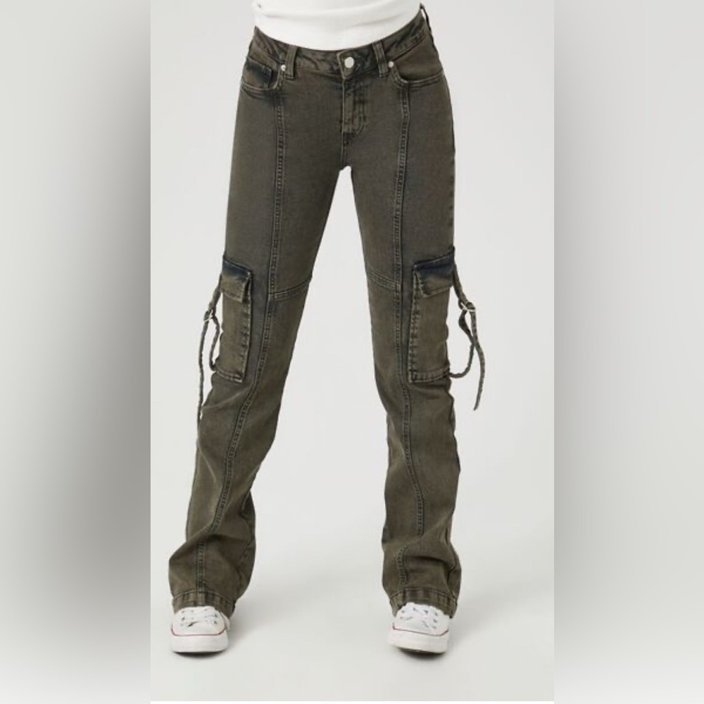 Olive Utility Cargo Bootcut Jeans with Drawstring Details